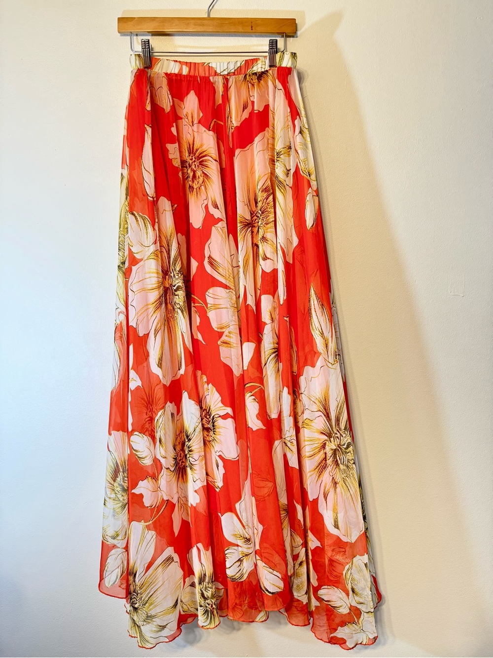 Flowy Floral Maxi Skirt - Coral Orange with Ivory Flowers - Picture 2 of 4